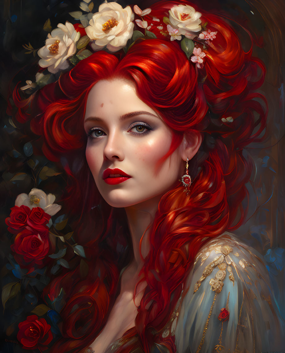 Portrait of woman with vibrant red hair and flowers in detailed, painterly style