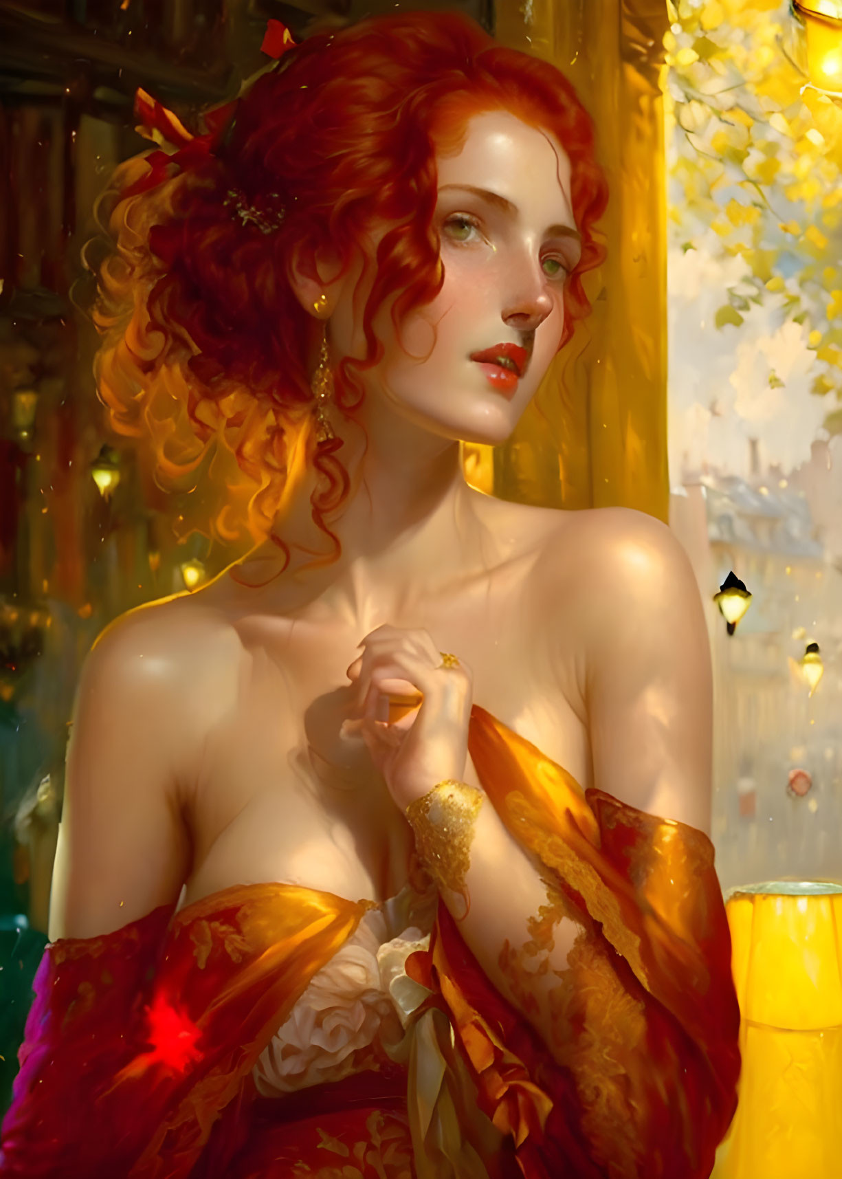 Curly Red-Haired Woman in Orange Gown Against Golden Light Background