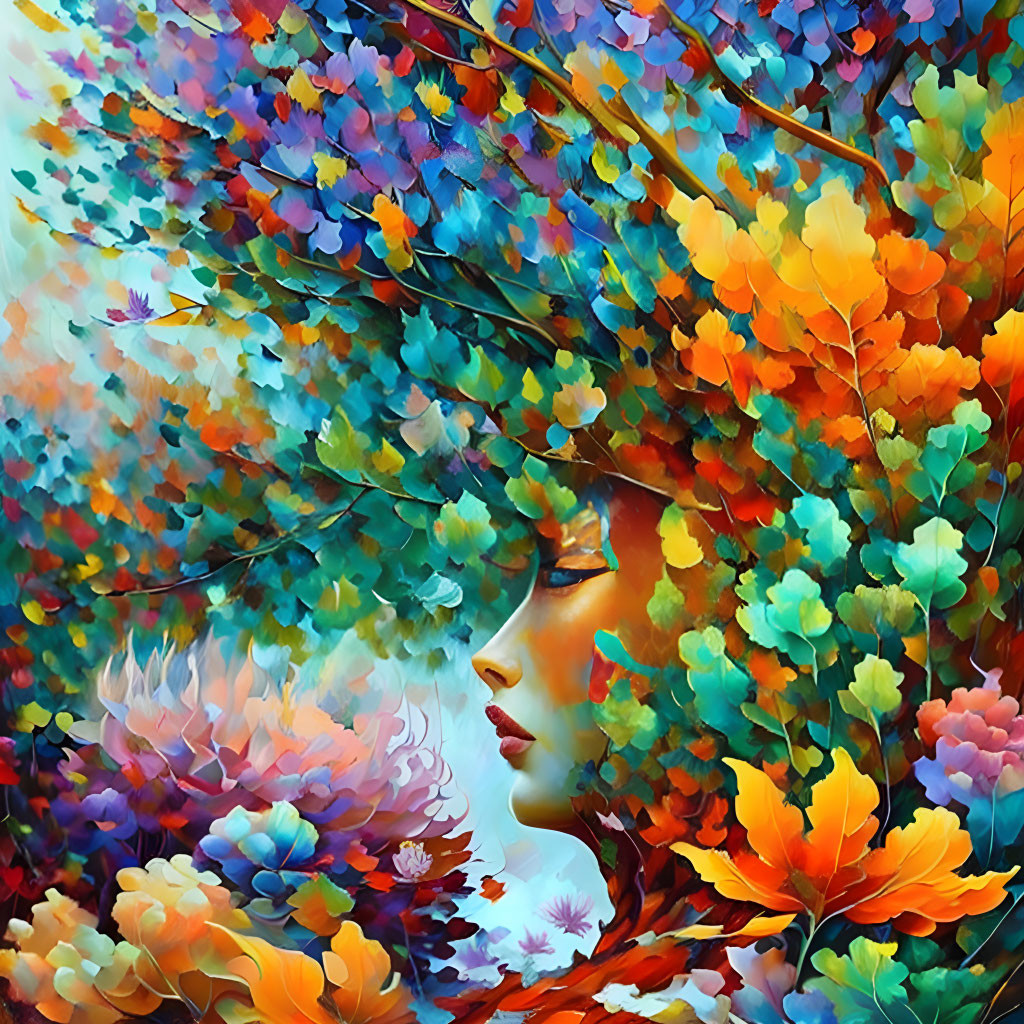 Colorful Impressionistic Artwork: Woman's Profile Fused with Foliage