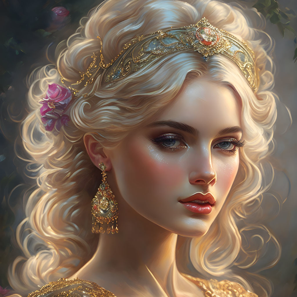 Blonde Curly Hair Woman with Gold Tiara and Floral Background