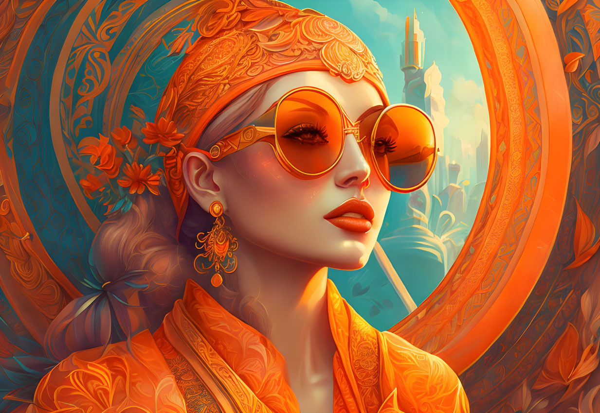 Digital artwork of woman in ornate golden headwear and orange-tinted sunglasses against stylized background