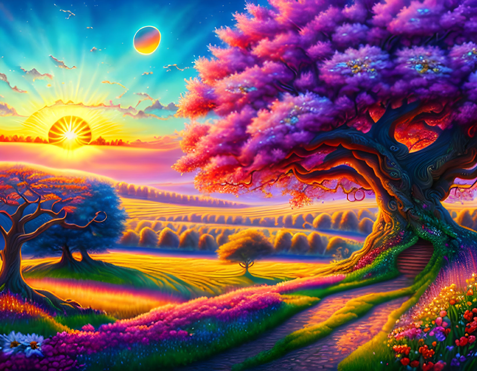 Colorful Fantasy Landscape with Pink Tree and Flower-Covered Hills