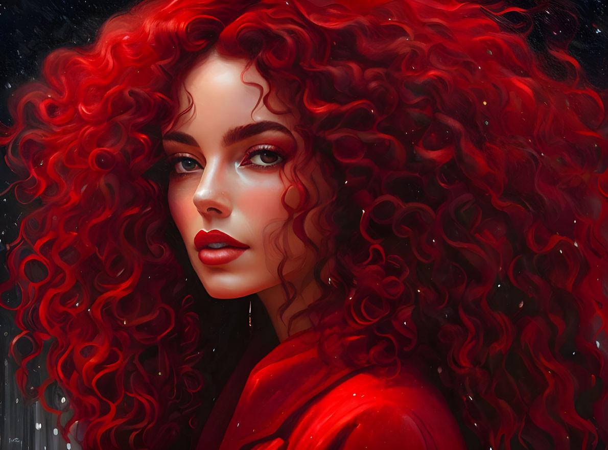 Woman with Voluminous Red Curly Hair and Green Eyes in Red Garment against Starry Background