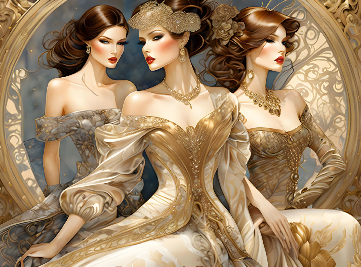 Luxurious Gold Gowns & Lavish Jewelry on Elegant Women