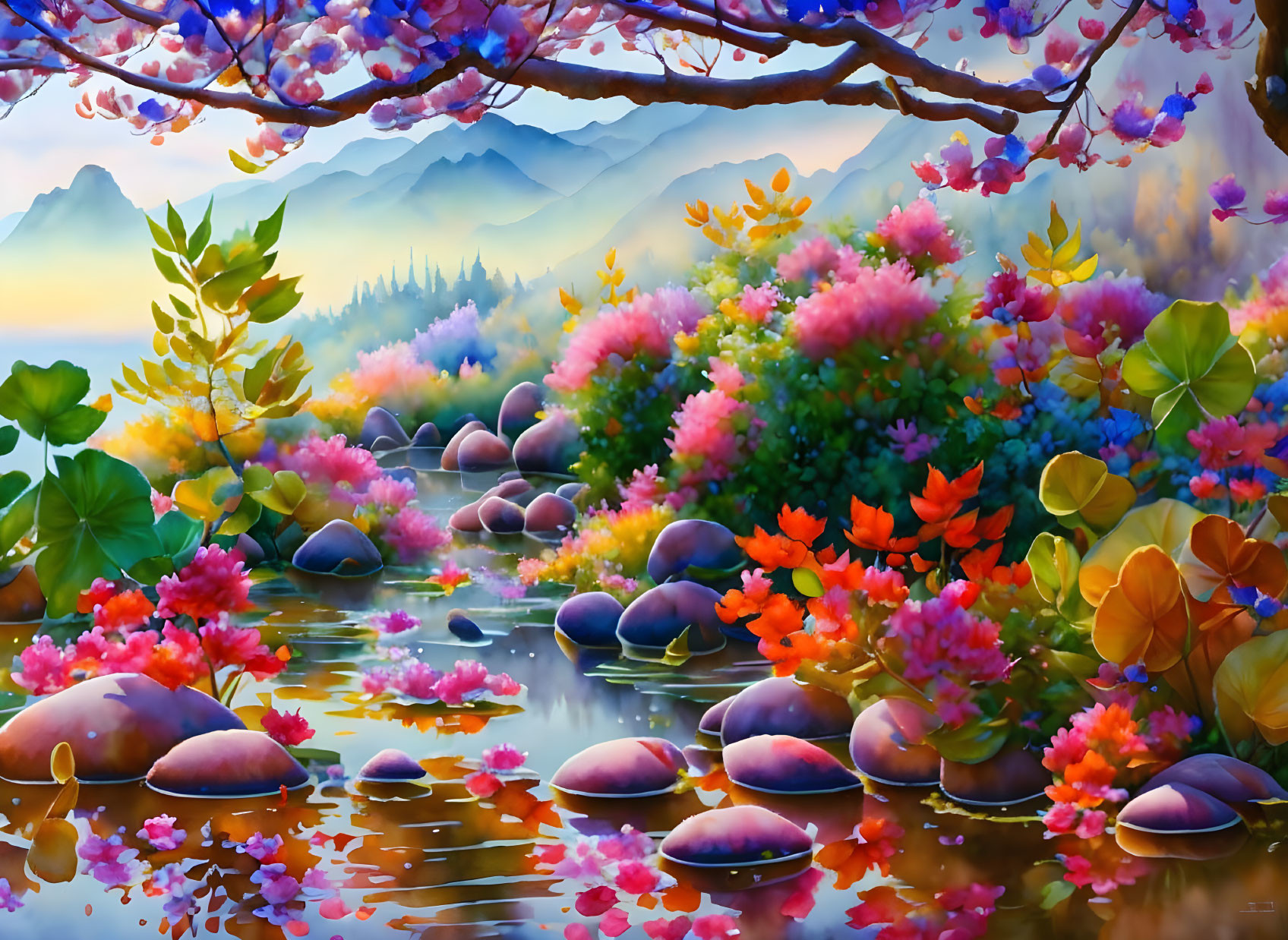 Serene river landscape with blossoming trees & misty mountains