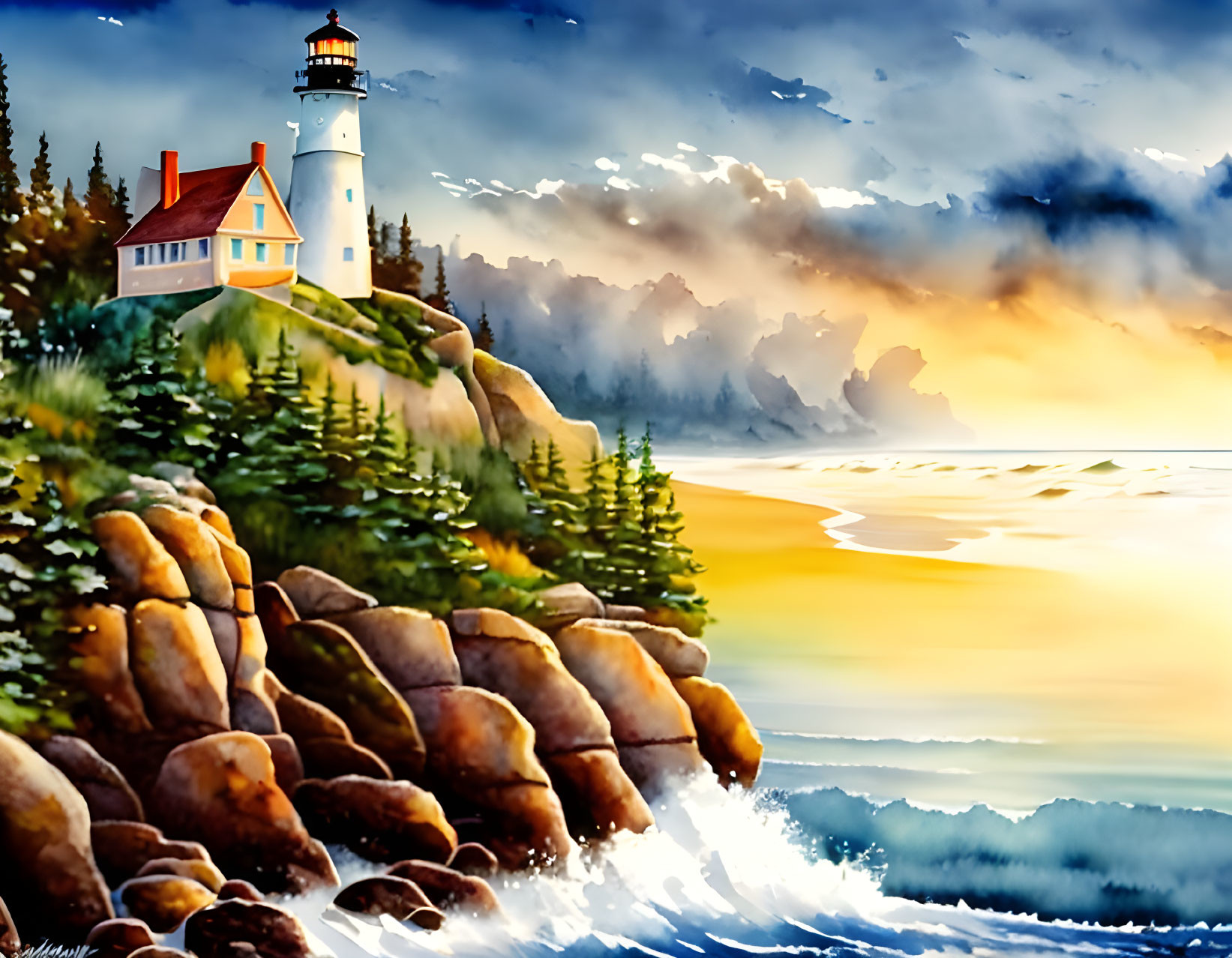 Scenic lighthouse on rocky coast at sunset