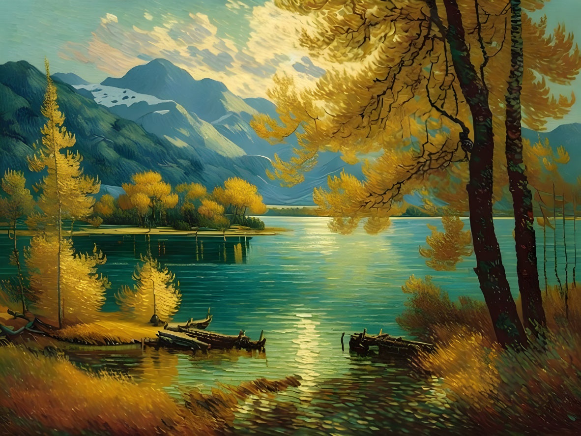 Serene autumnal lake landscape with golden trees and mountains