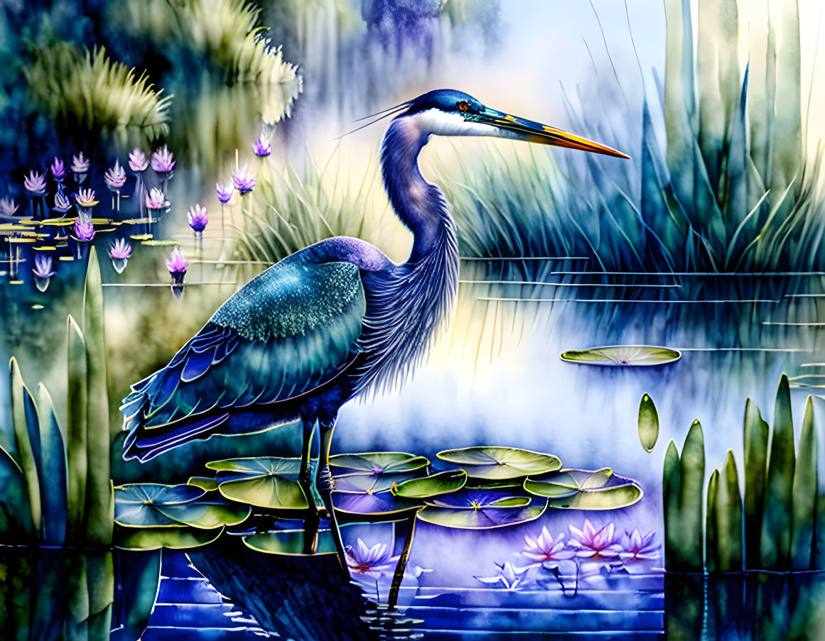 Colorful Heron in Marsh with Lotus Flowers and Reeds