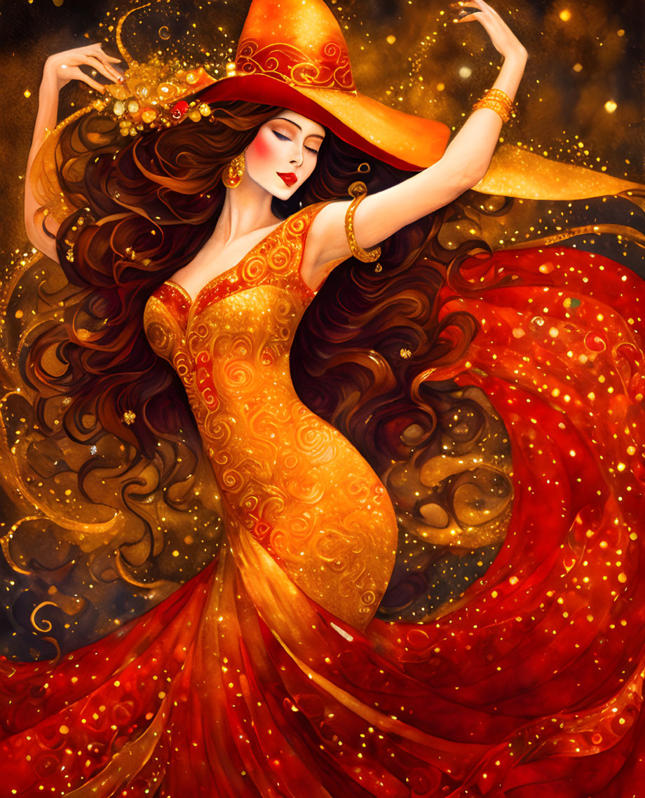 Illustrated woman in red and gold dress with flowing hair and star-like glow