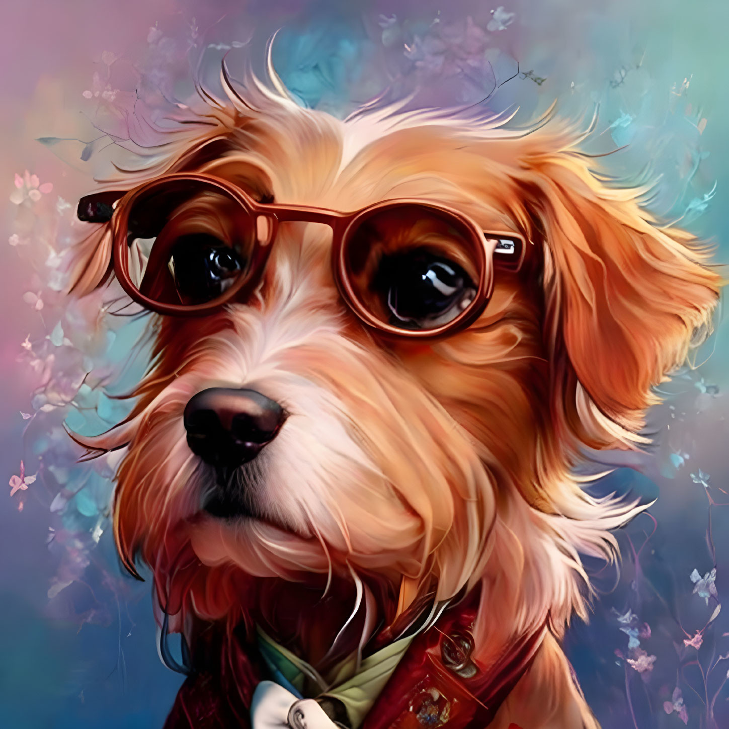 Brown and White Dog with Glasses in Red Jacket on Floral Background