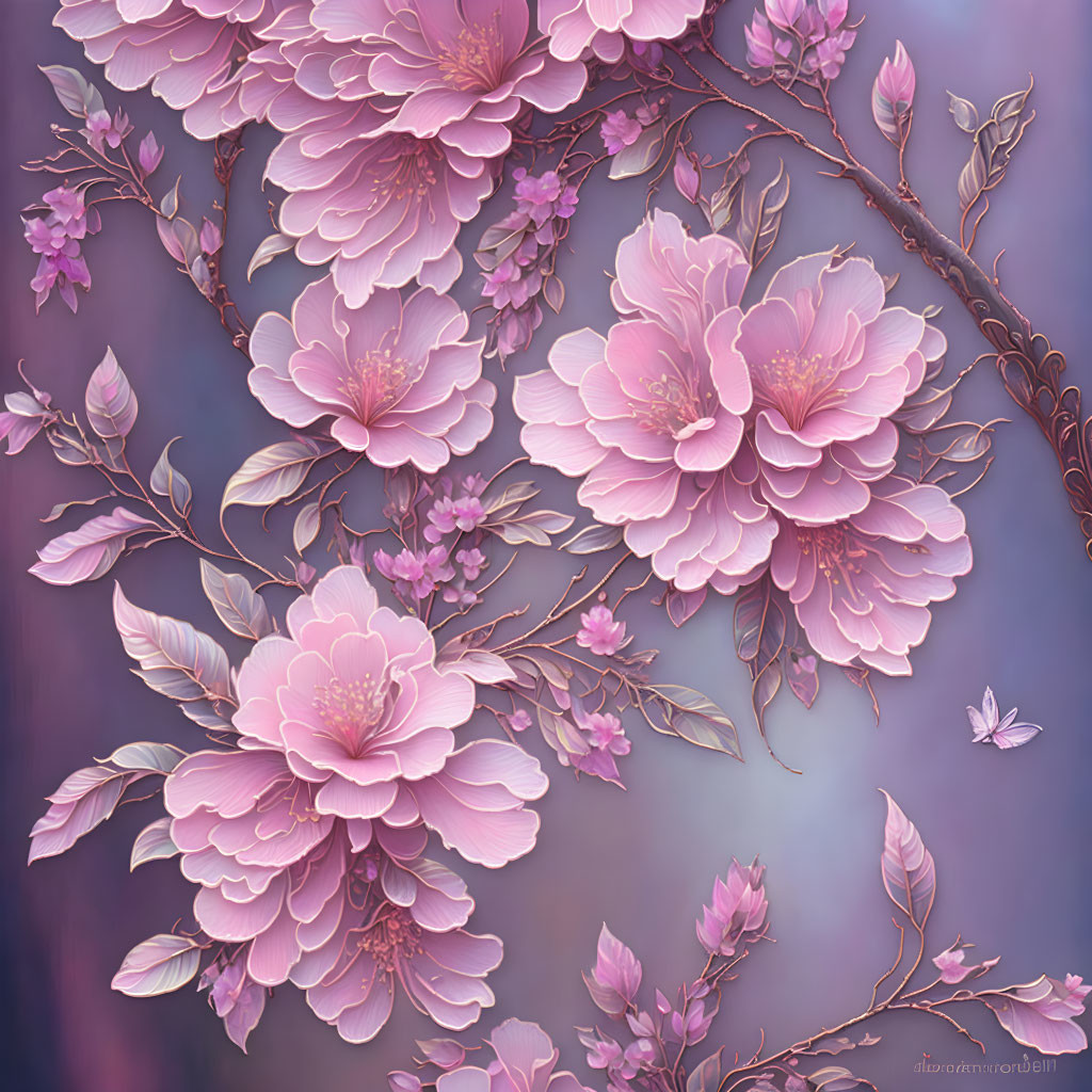 Pink Cherry Blossoms Illustration on Moody Purple Background