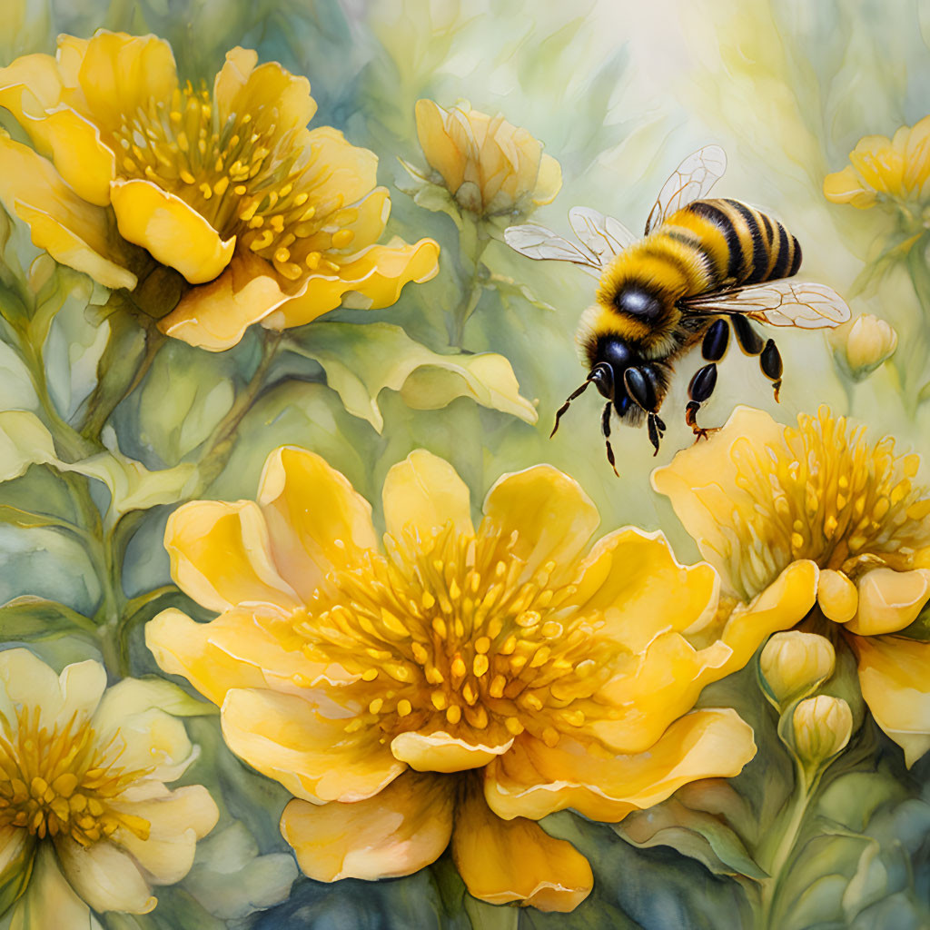 Vibrant painting of bee flying over yellow flowers and greenery