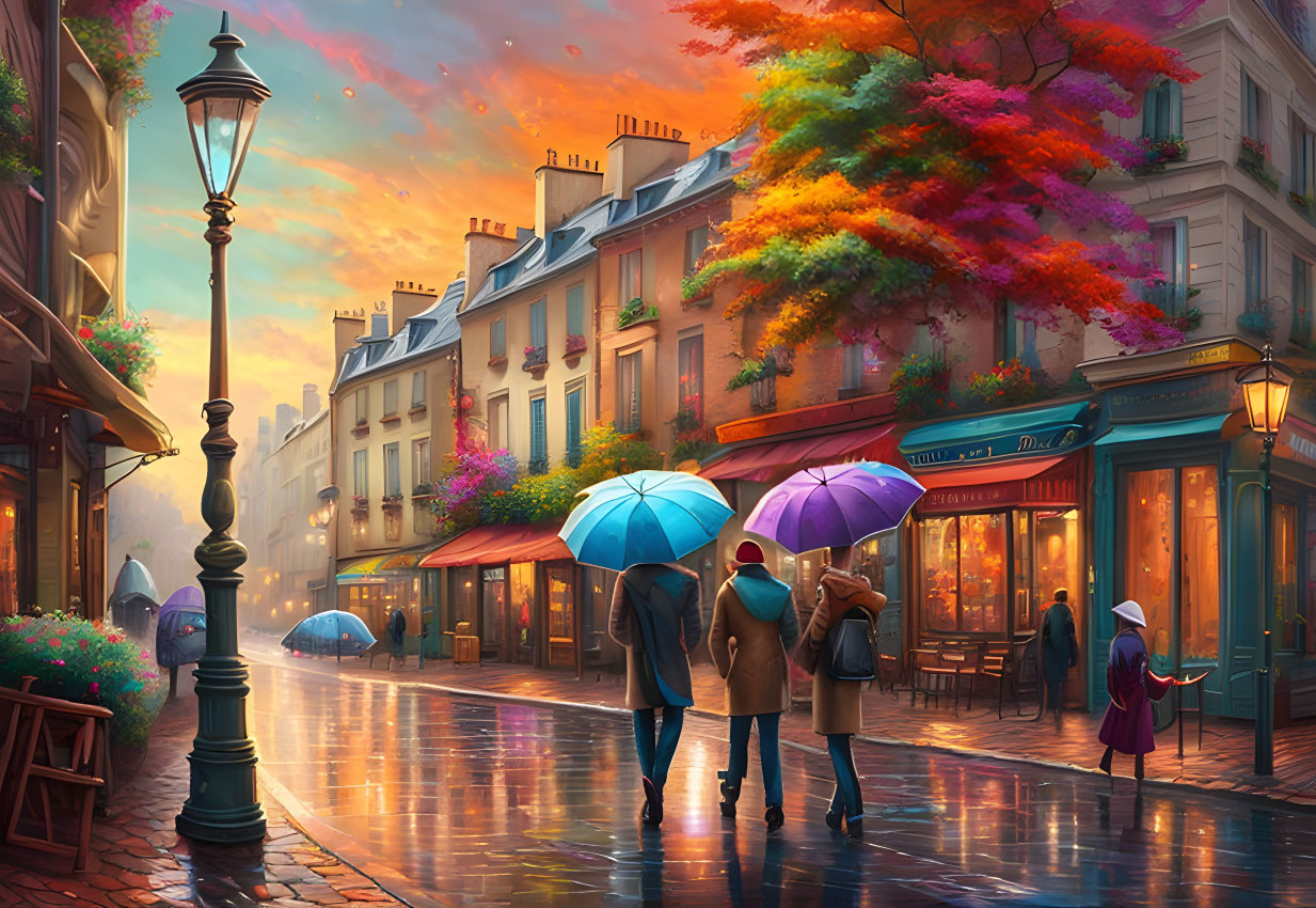 Rainy Paris street scene with couples under umbrellas, autumn leaves, street lamps, and shops