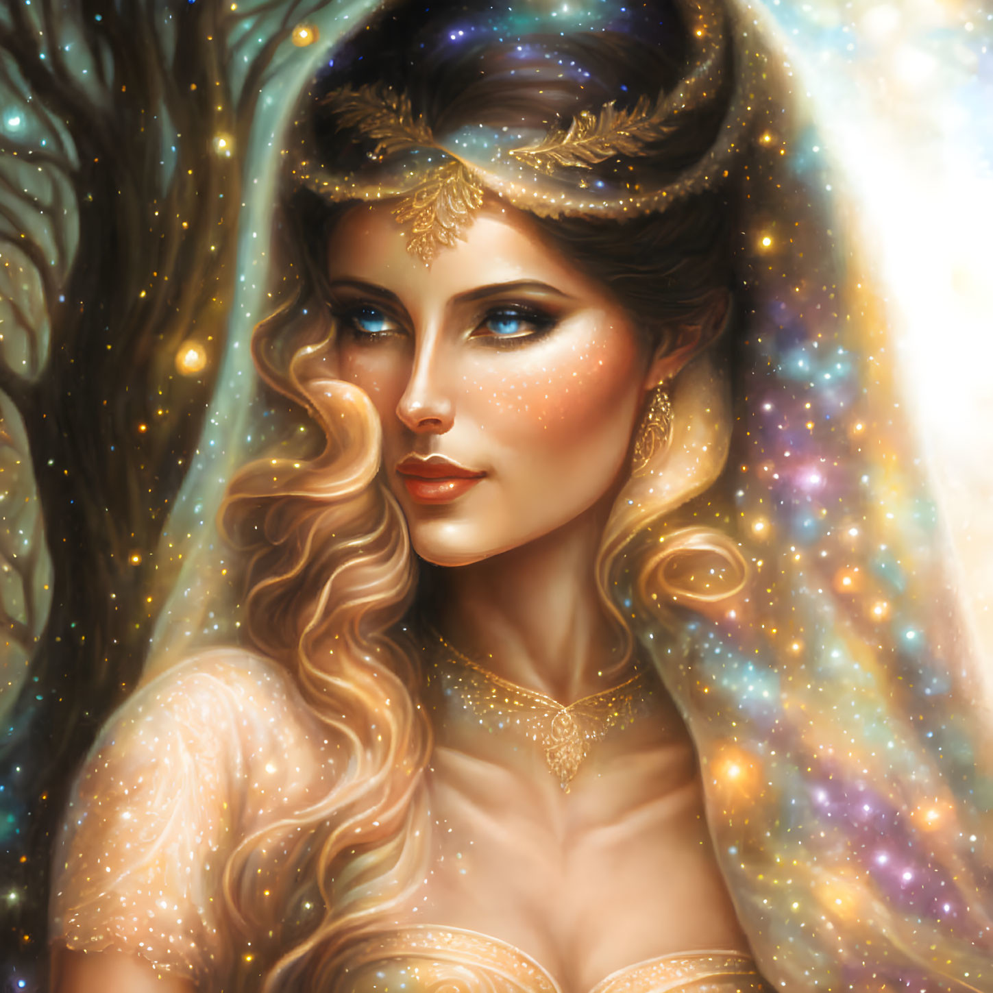 Illustration of mystical woman with cosmic hair and celestial aura