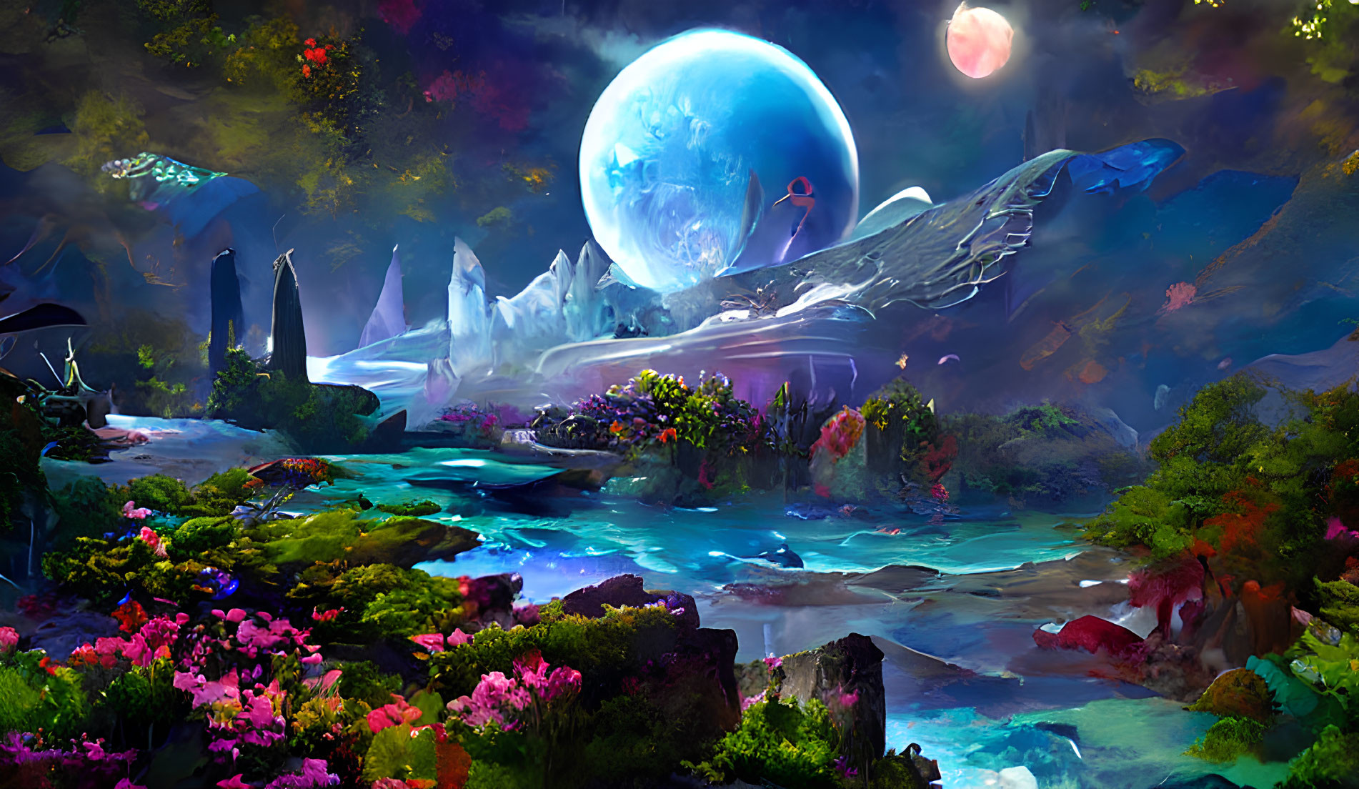 Colorful Fantasy Landscape with River, Flora, Moon, and Mountains