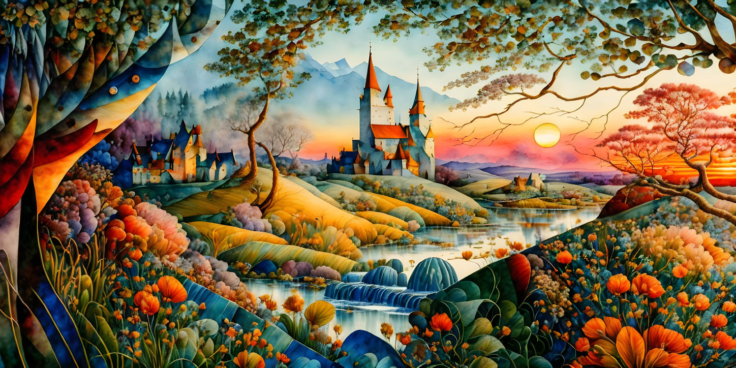 Colorful landscape painting with castle, mountains, sunset, and river