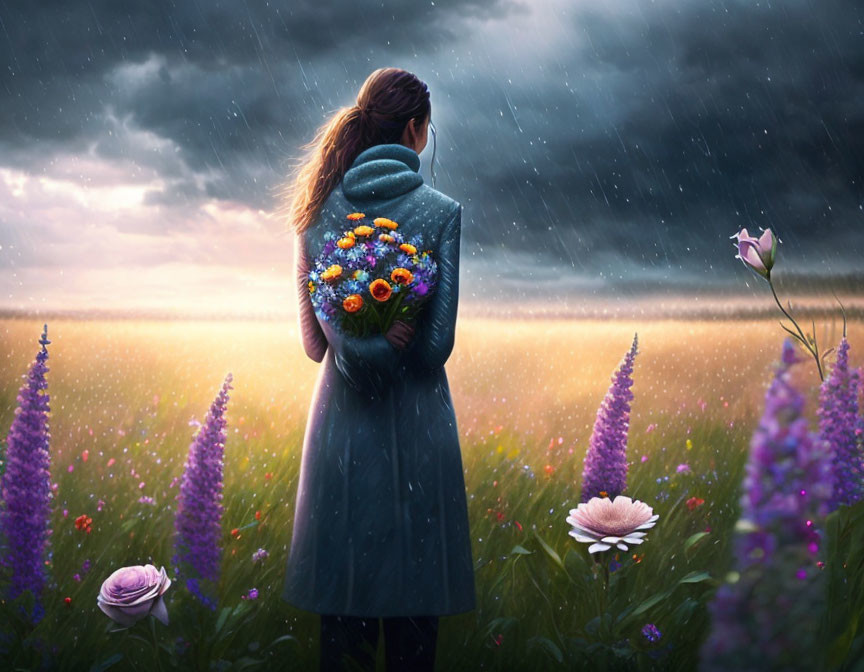 Woman in teal coat with bouquet in purple flower field in rainstorm