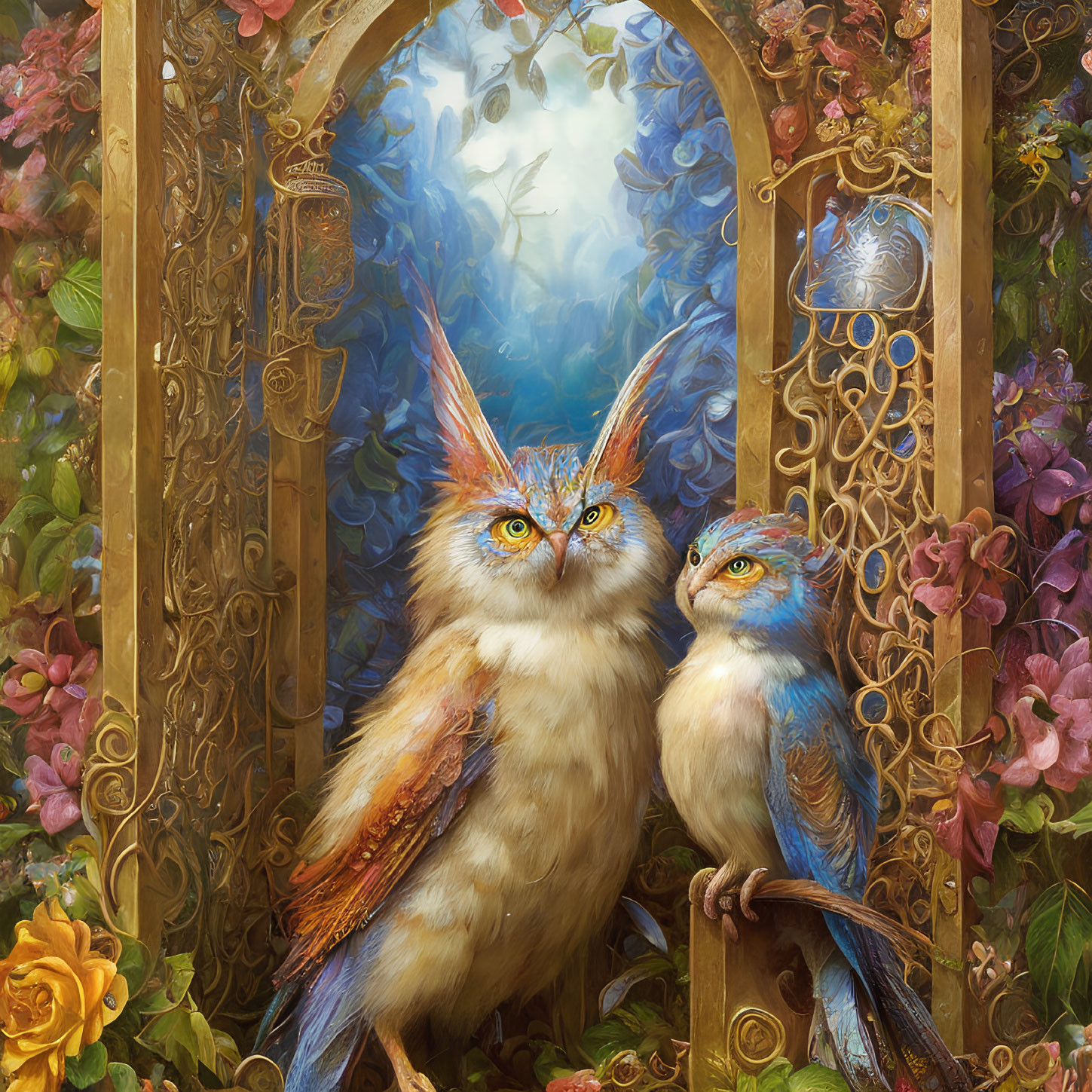 Colorful Owl and Songbird Birds on Golden Frame in Lush Flora