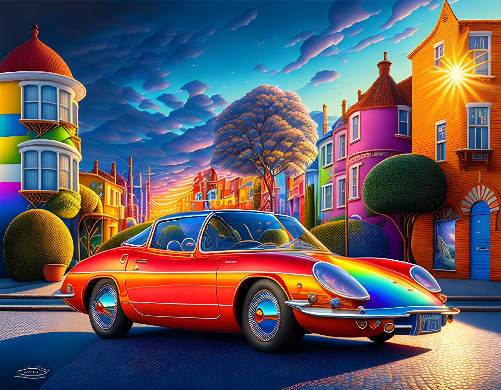 Colorful illustration of red car on whimsical street at dusk