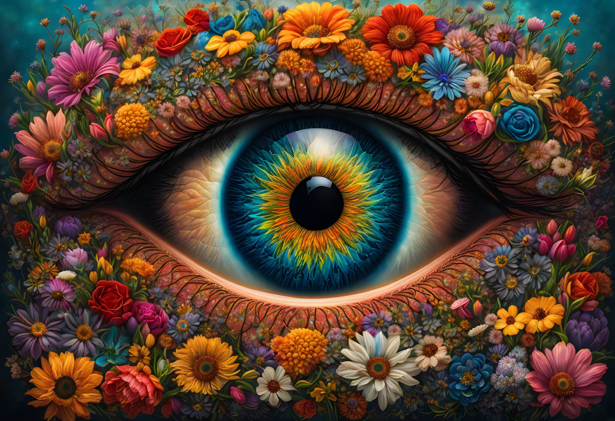 Vibrant eye surrounded by colorful flowers in surreal representation