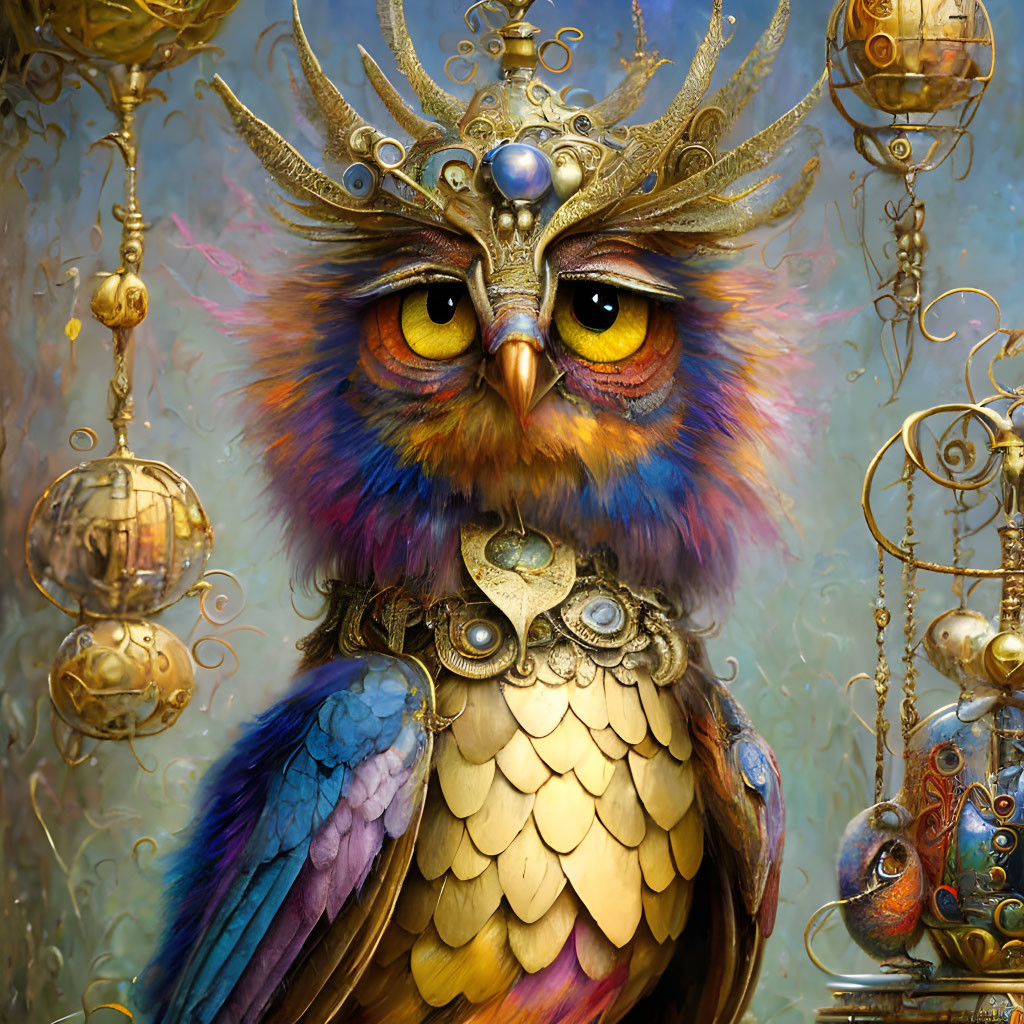 Colorful Owl in Steampunk Helmet & Armor Amid Clockwork