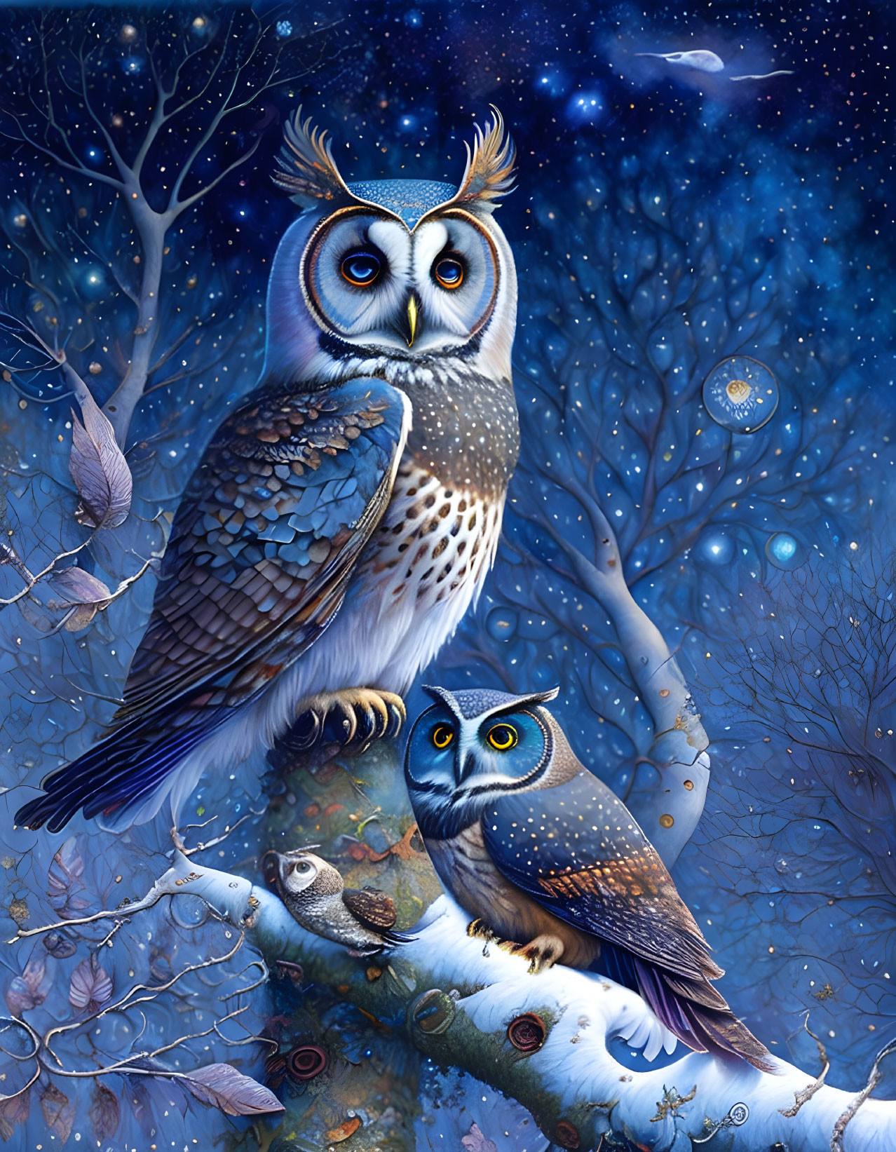 Vibrant owl trio on branch under starry night sky