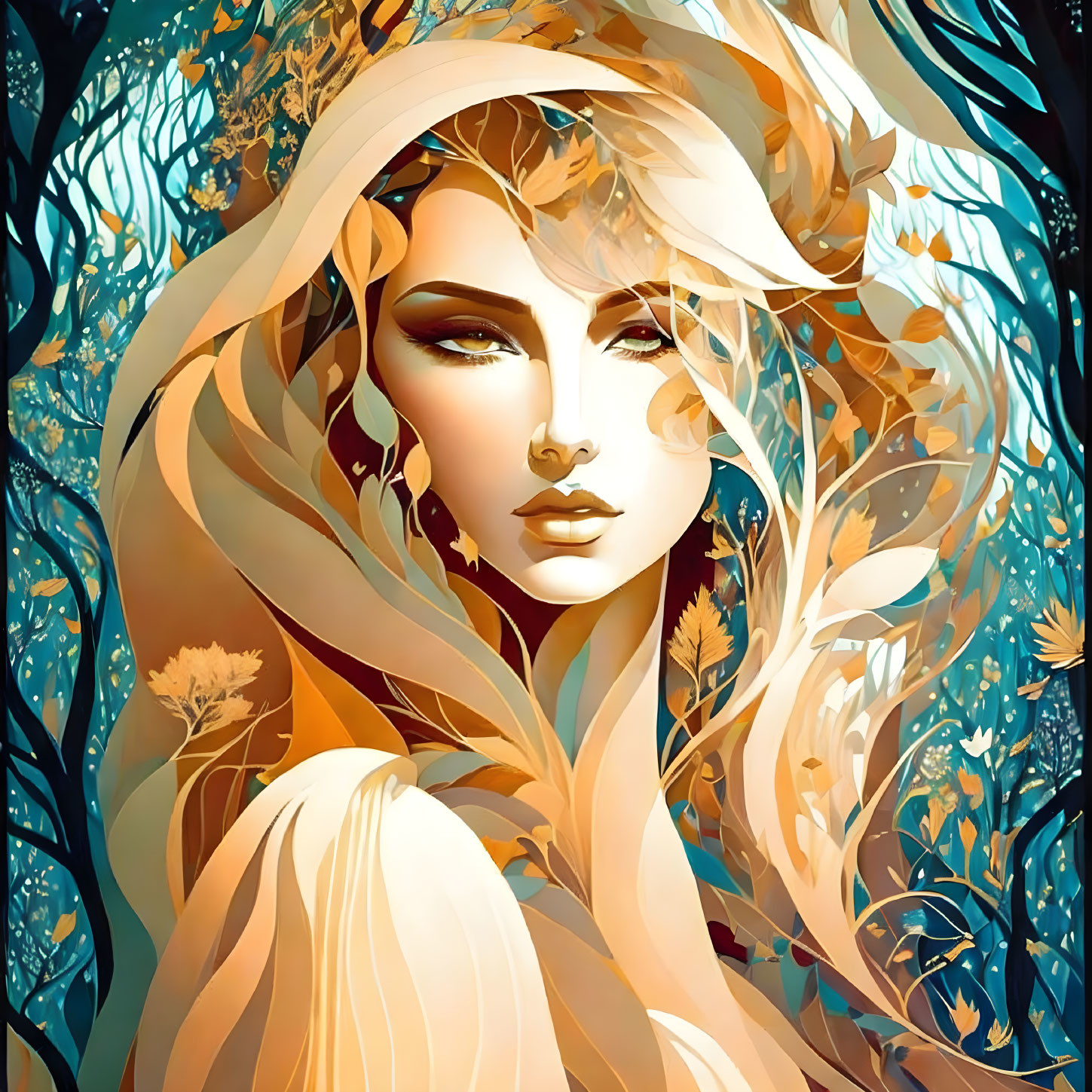 Woman with Autumn Leaves in Hair Surrounded by Blue and Gold Forest