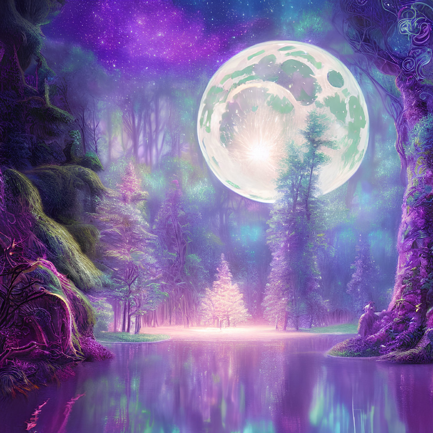 Enchanting forest landscape with glowing moon and purple sky