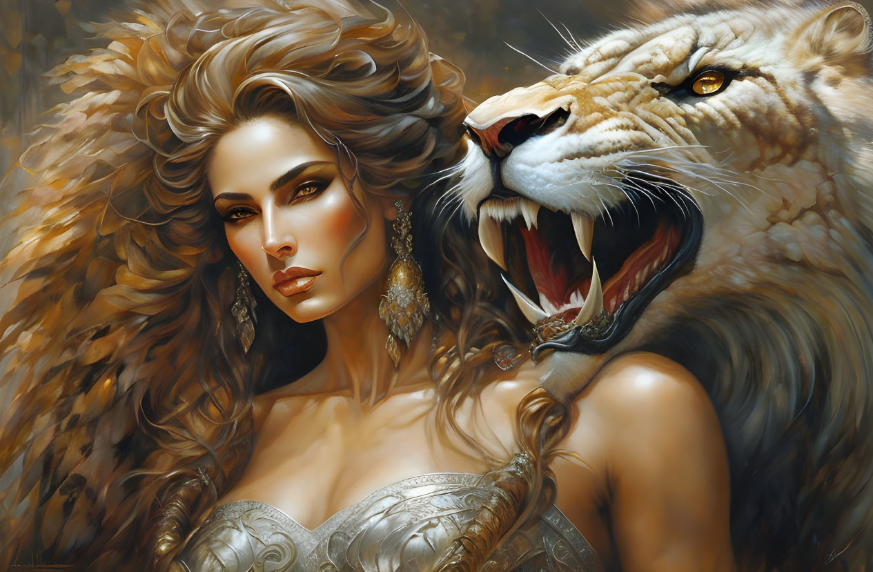 Woman with wavy hair and lion in fantasy art fusion