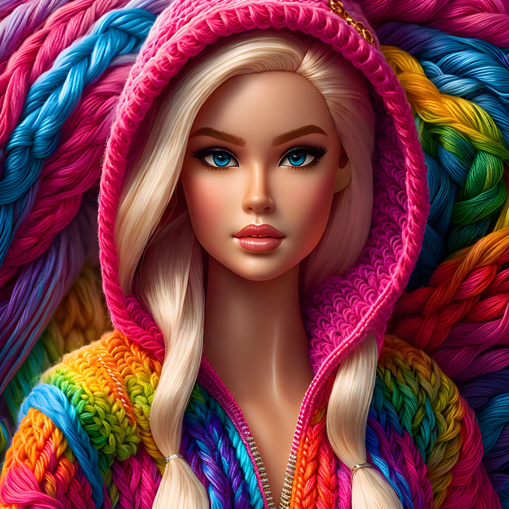 Detailed illustration: Woman with blue eyes in colorful knitted hoodie, surrounded by vibrant yarn textures