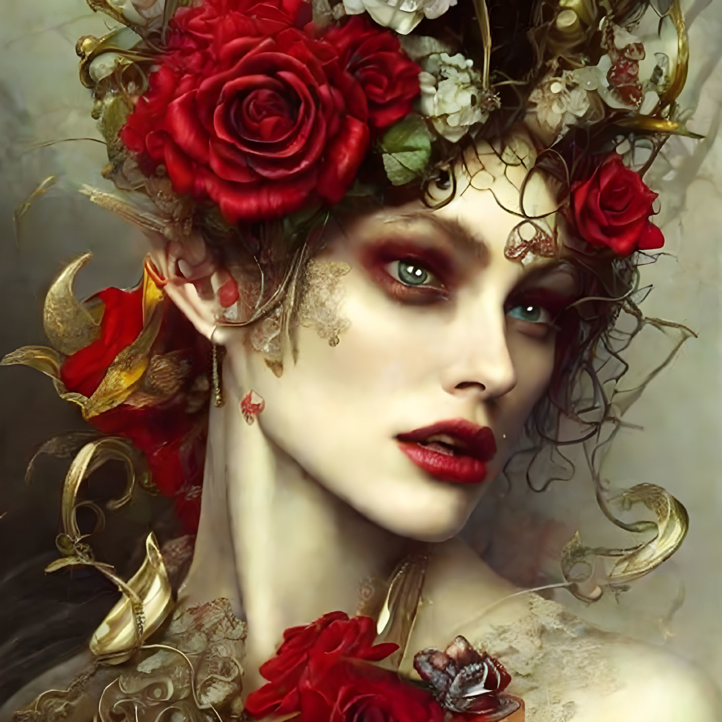 Portrait of woman with pale skin, red roses in hair, golden accents, and green eyes exudes