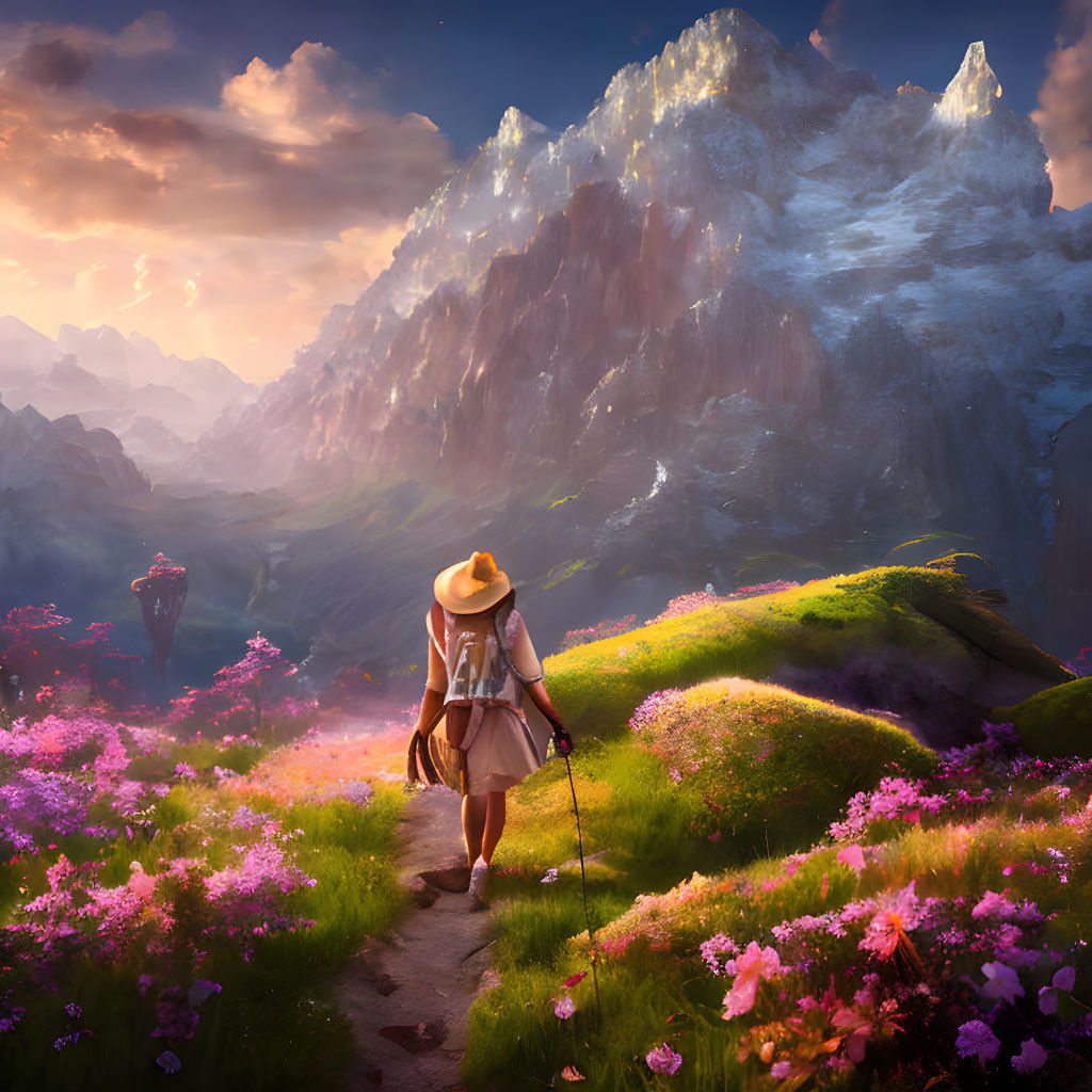 Person in hat walks through vibrant flower landscape towards sunlit mountains