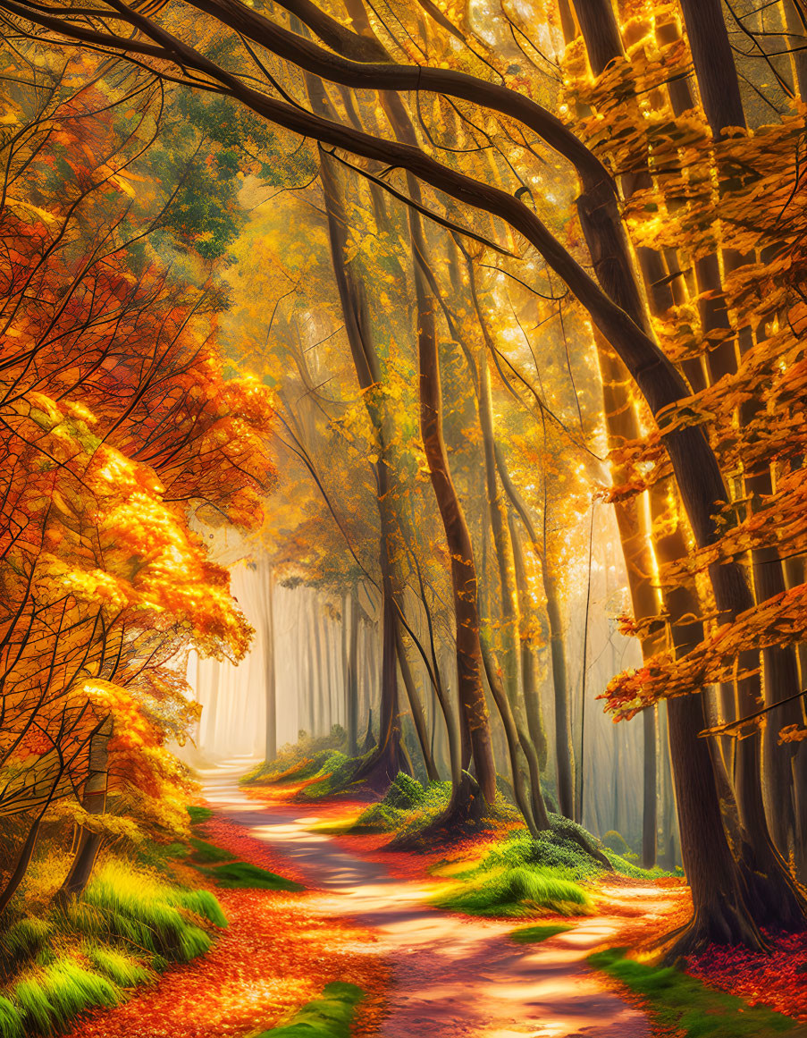 Tranquil forest path with autumn sunlight filtering through tall trees