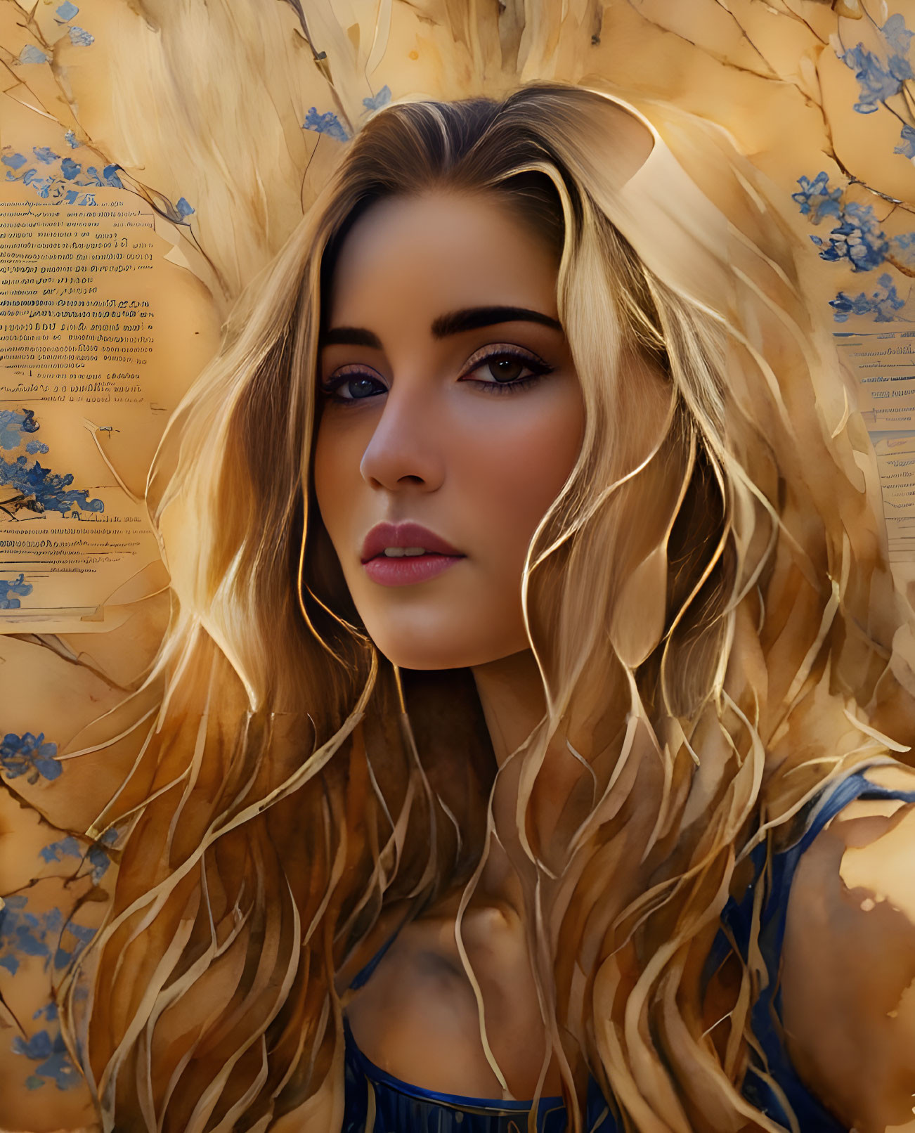 Blonde woman digital art on golden pages with blue floral patterns