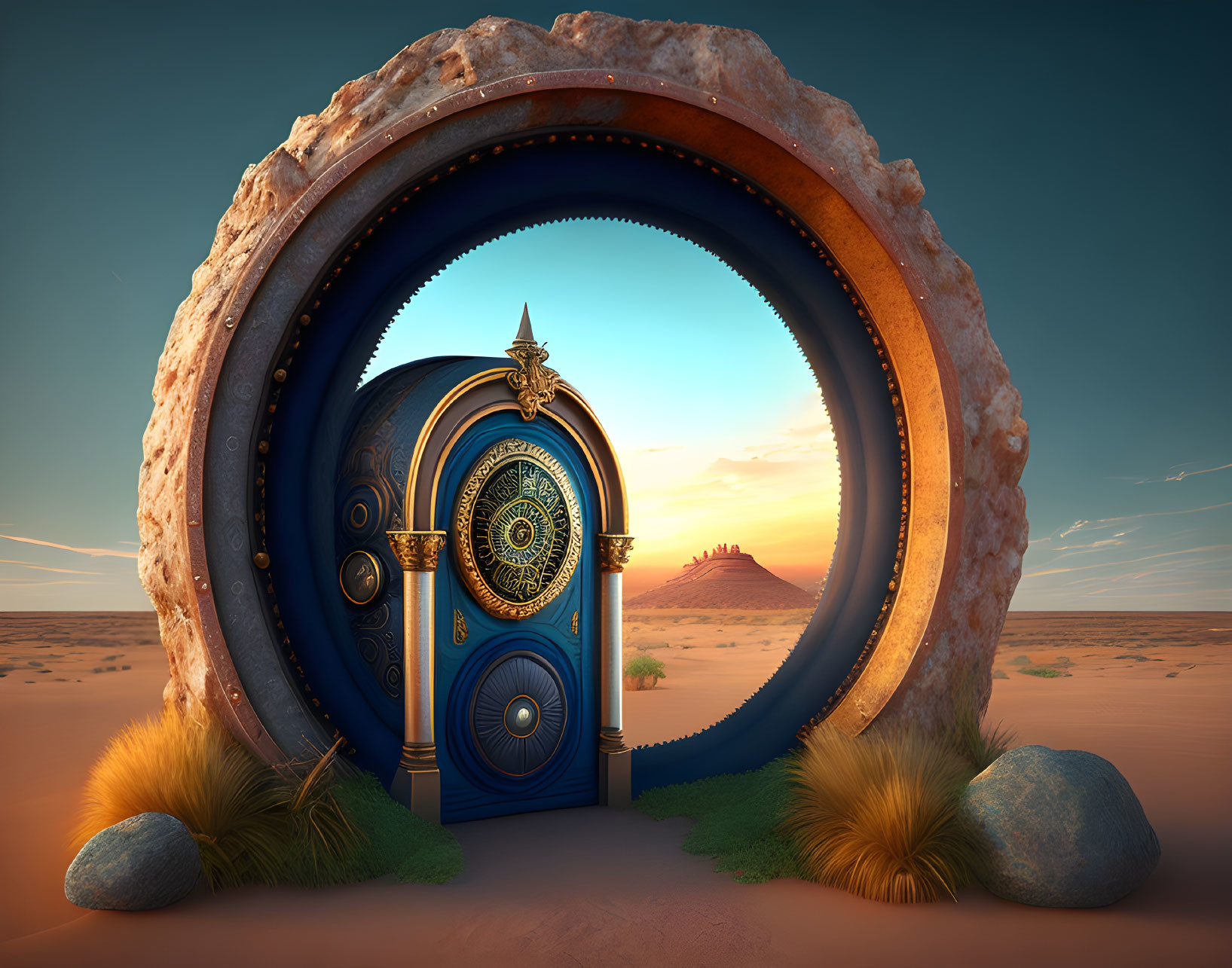 Circular Stone Door in Desert Landscape at Sunset with Rock Formation View