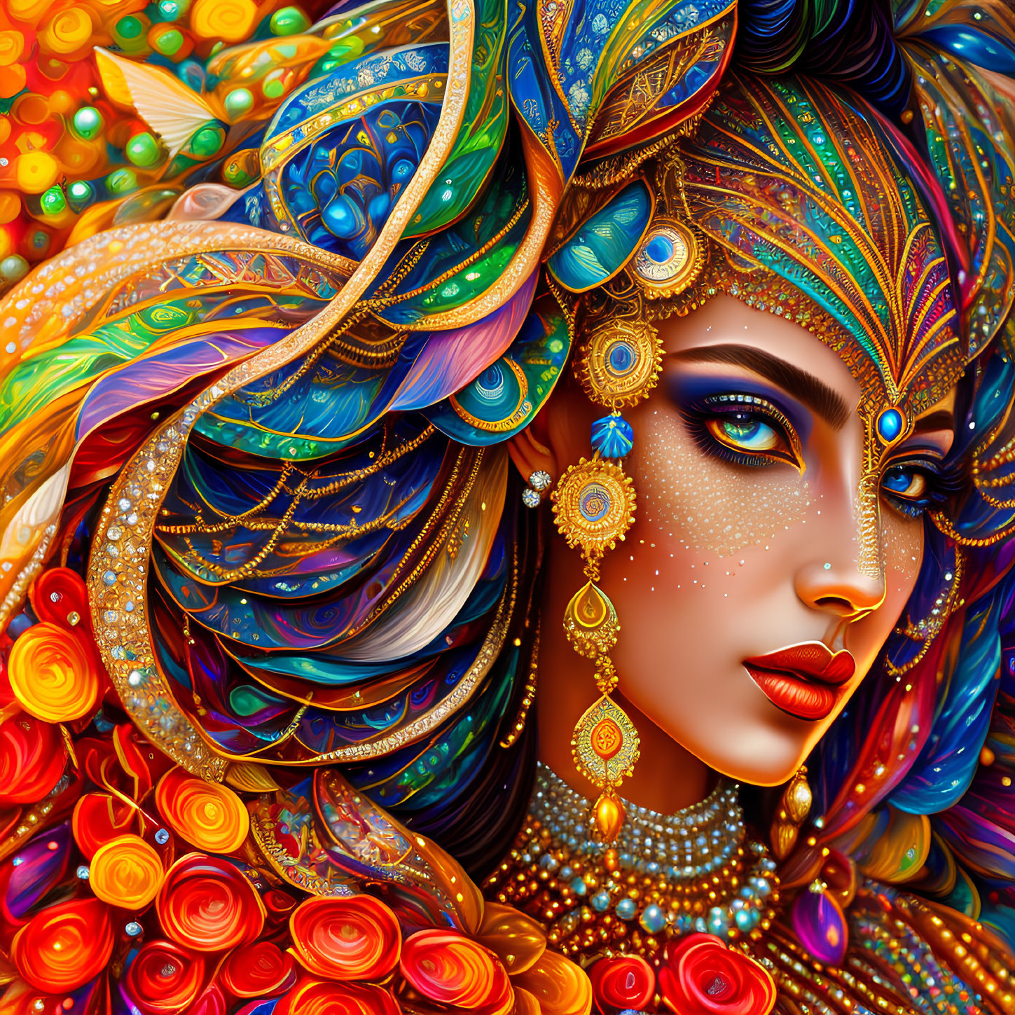 Vibrant illustration of woman with ornate jewelry and feathered headdress