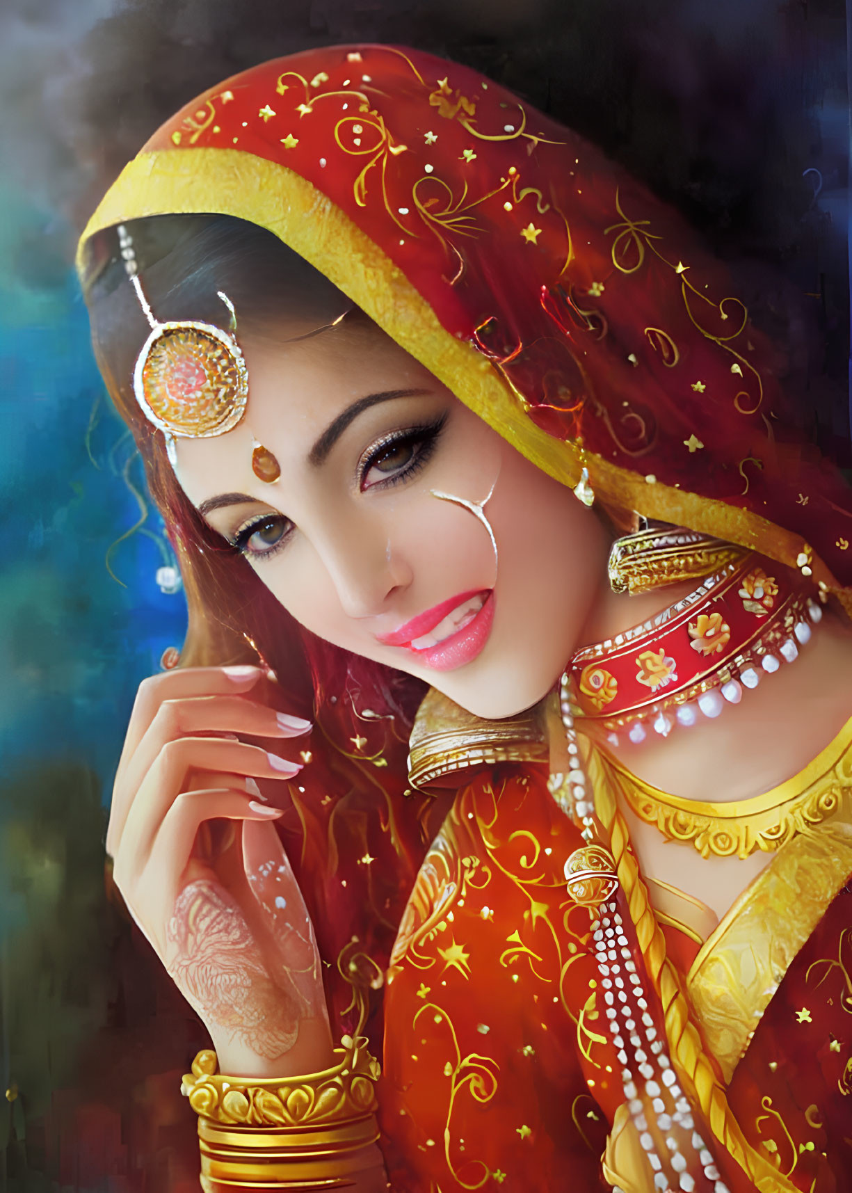 Traditional South Asian Bridal Attire with Henna Designs and Gold Jewelry