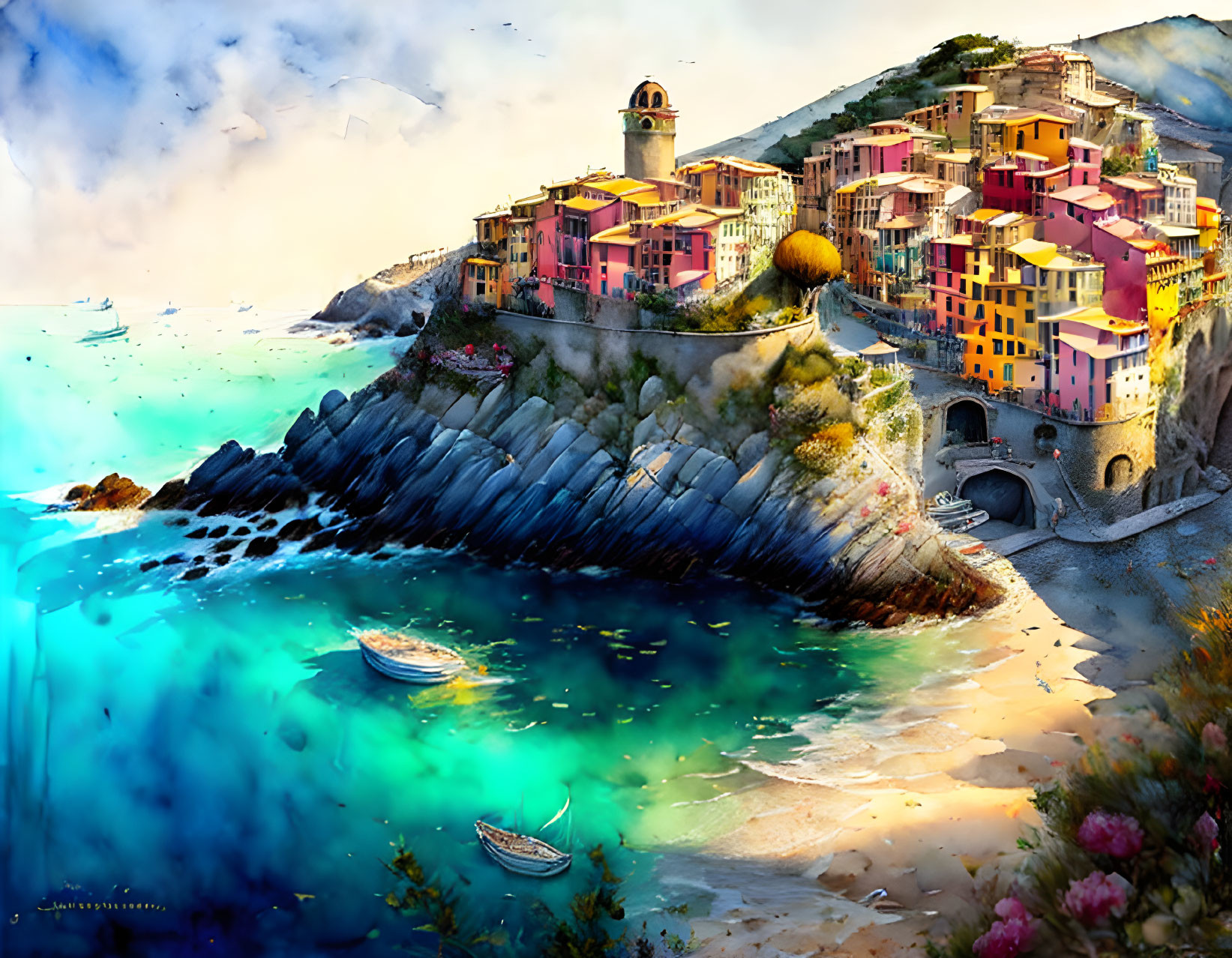 Colorful Coastal Village Overlooking Crystal-Clear Bay