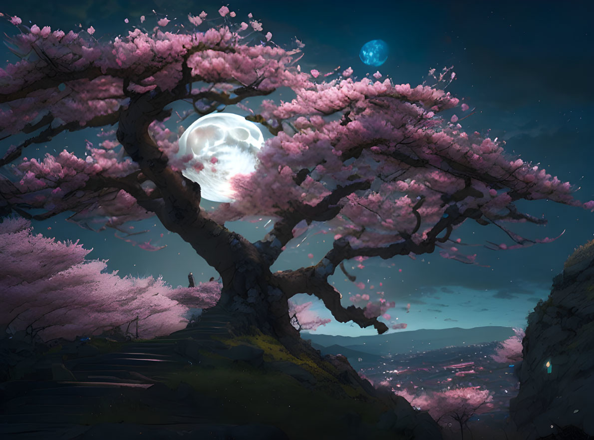 Mystical night scene: cherry blossom tree, moon with skull-like appearance, sparkling valley, second