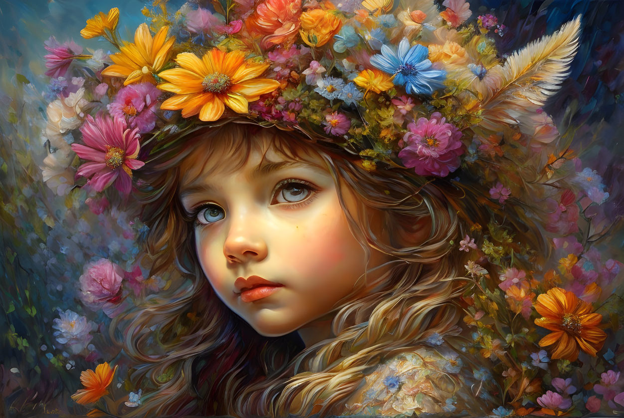 Vibrant floral wreath adorns portrait of young girl with expressive eyes