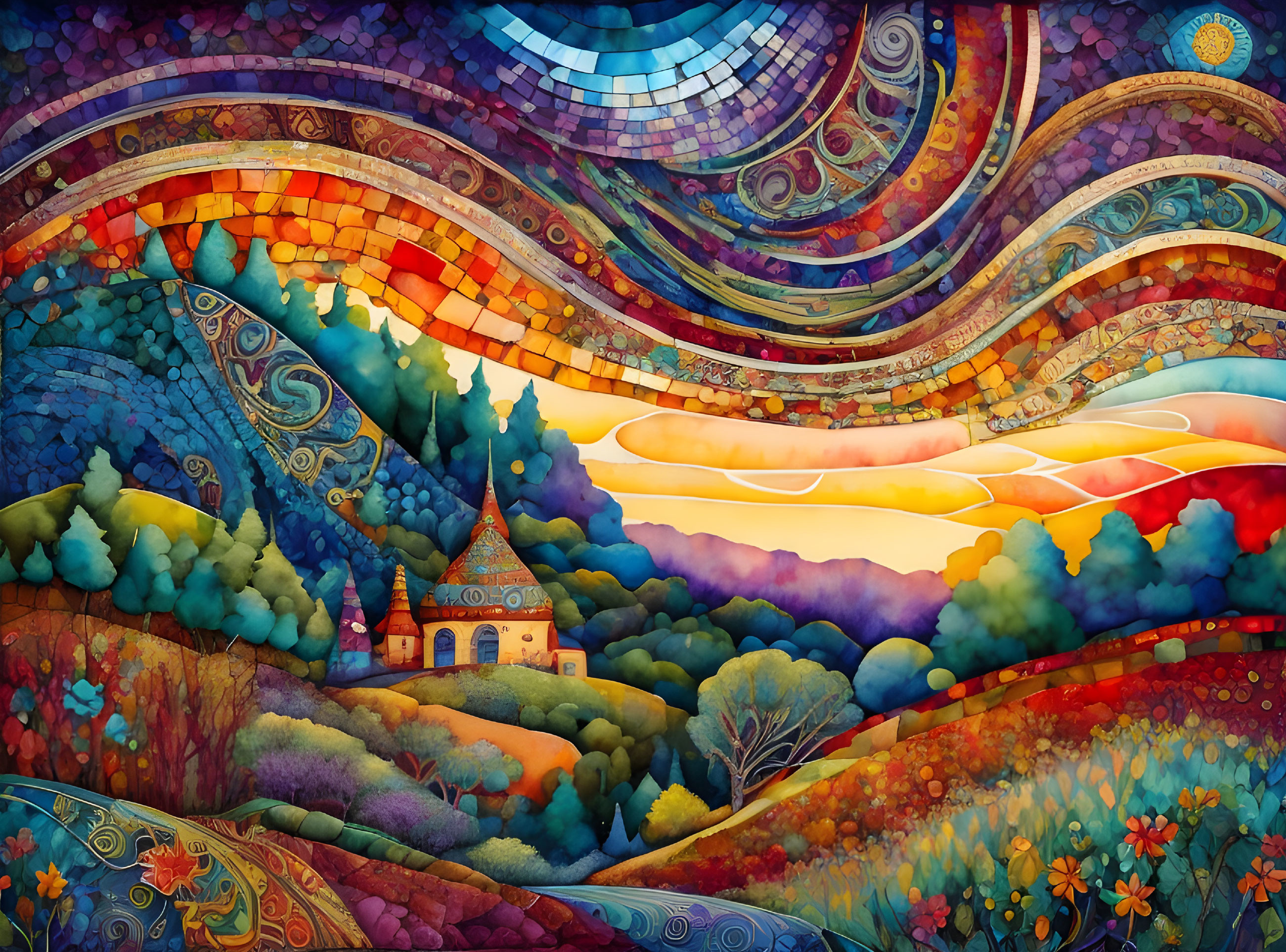 Vibrant artwork of rolling hills, house, and mosaic sky