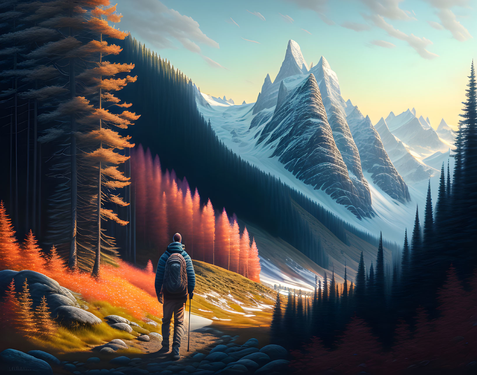 Explorer admires autumn wilderness with river, snow-capped peaks, and warm sky.