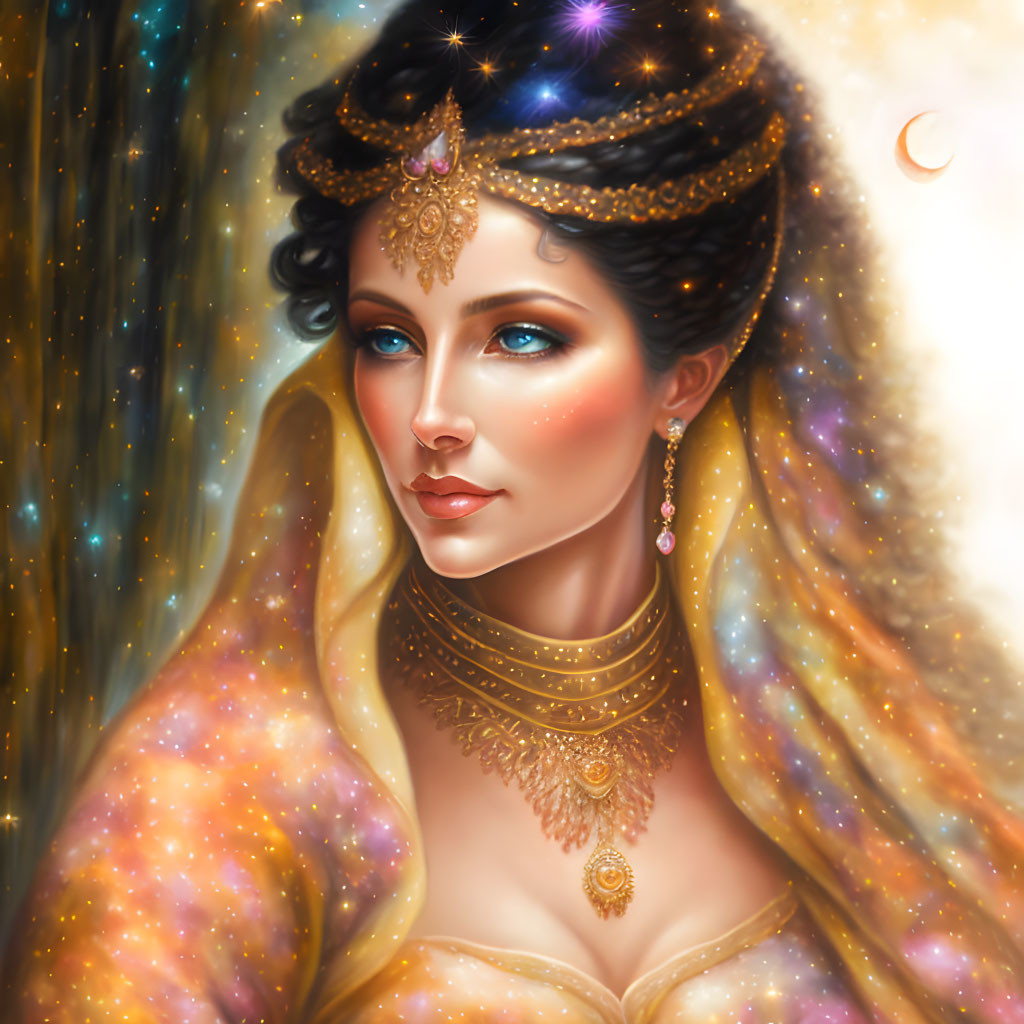 Mystical woman in celestial attire with cosmic background