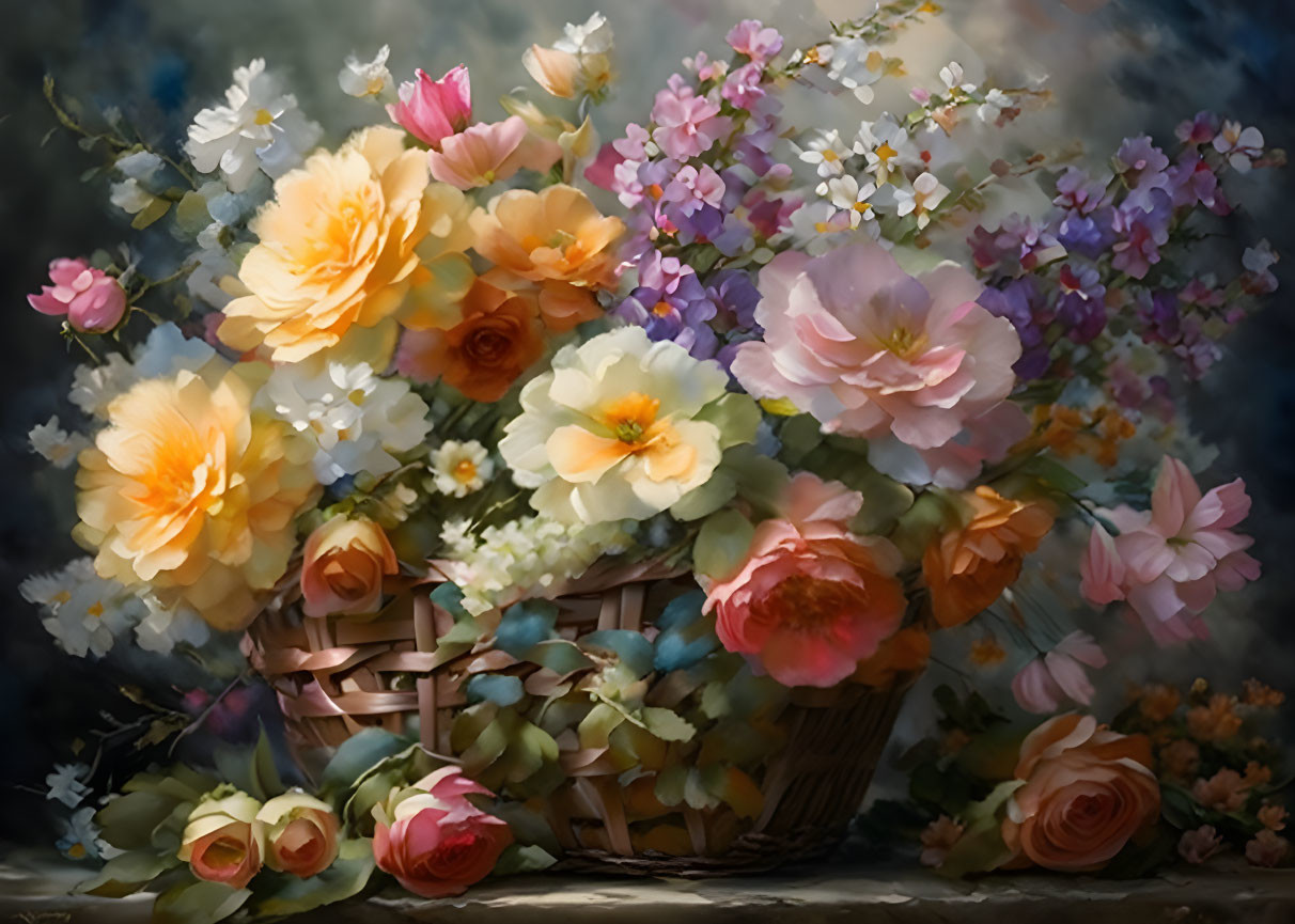 Lush bouquet of roses and flowers in a dreamy, soft-focus painting