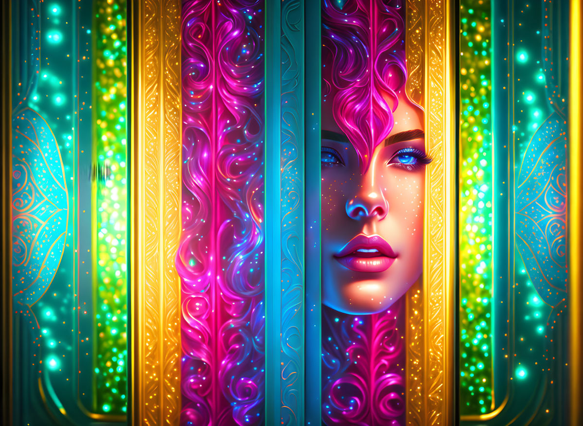 Colorful digital art: Woman with pink hair and blue eyes in ornate frame.