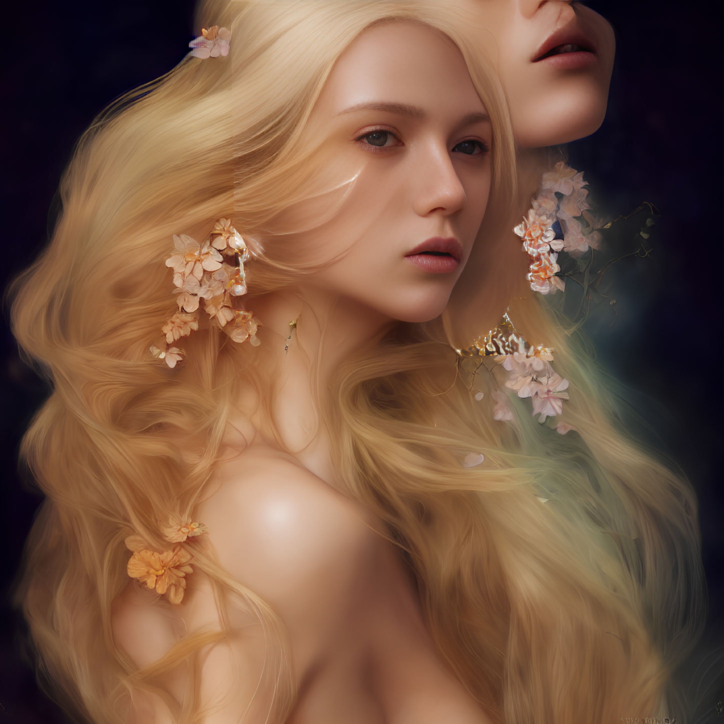 Ethereal portrait of two individuals with blonde hair and flowers on dark background