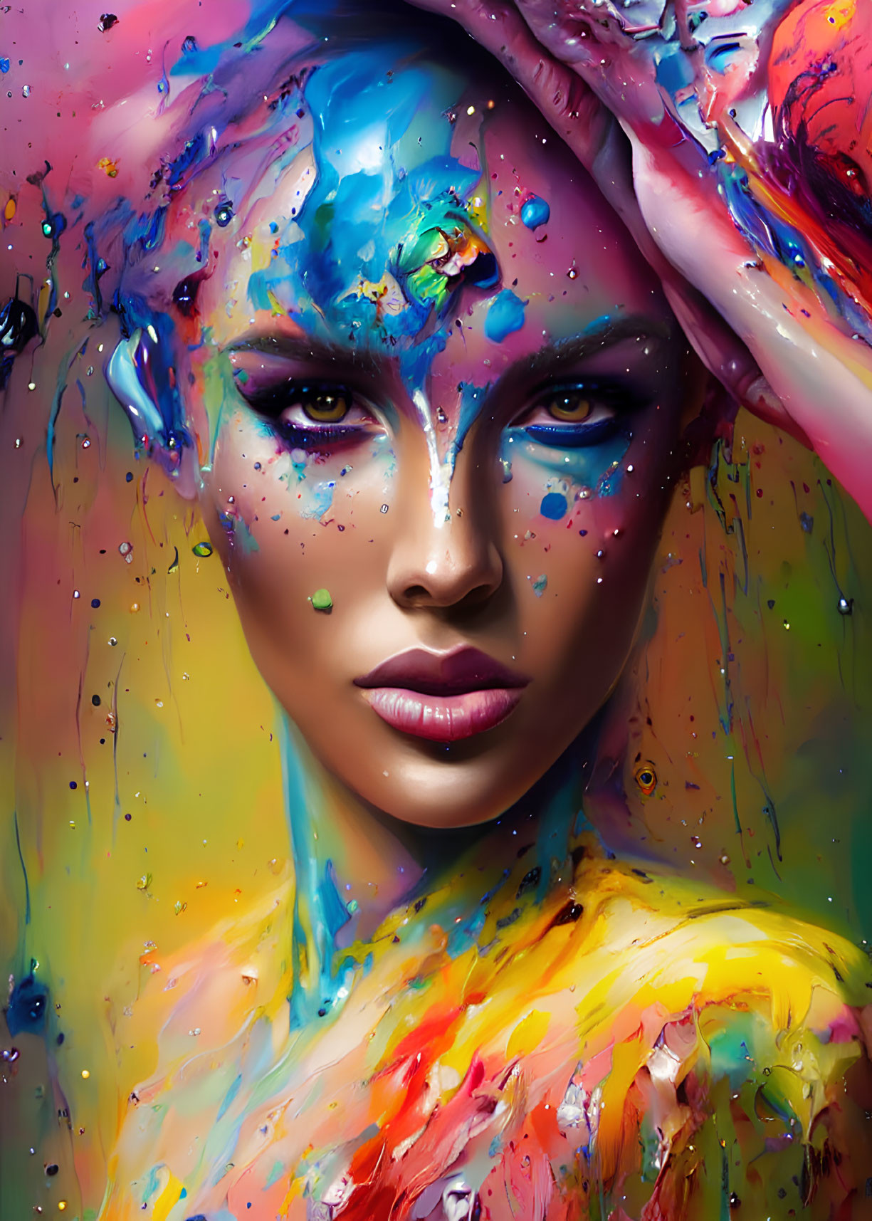 Colorful Abstract Portrait of Woman with Paint Splatters