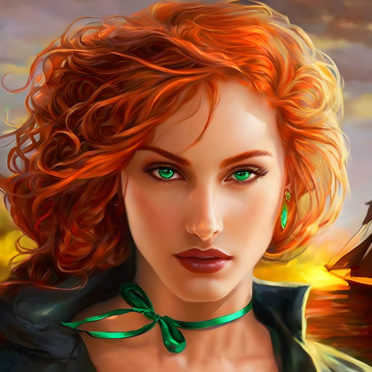 Fiery red curly hair woman with green eyes and necktie portrait.