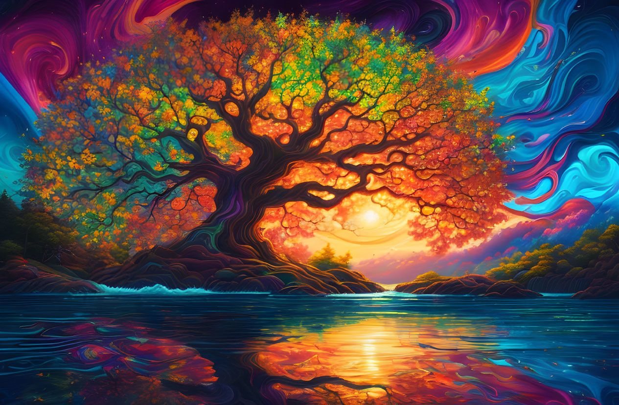 Majestic tree in vibrant autumn landscape with fiery foliage and swirling purple skies