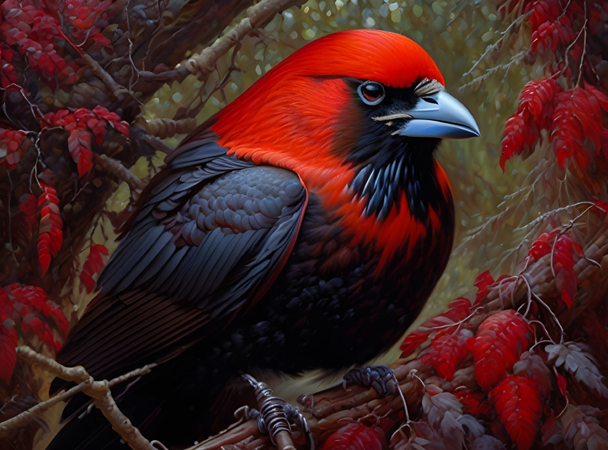 Colorful Bird with Red Head and Black Wings Perched Among Red Berries